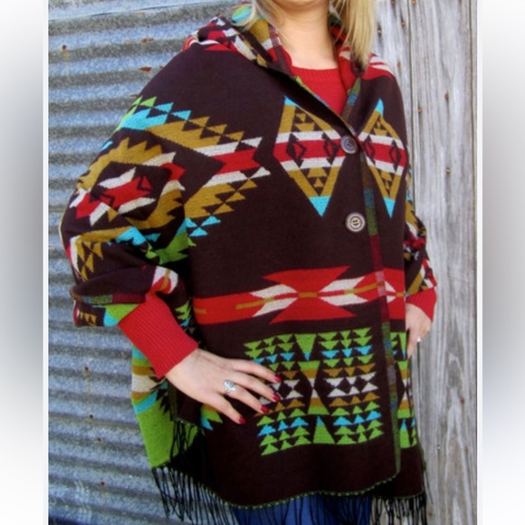 Source Unknown Sweaters - Womens woven Aztec hooded one sized fits most fringe hem poncho costal western